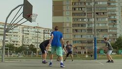 Streetball team scoring points after layup shot Stock Footage