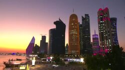 The Doha skyline silhouetted at sunset News Clip