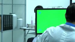 Scientist male talking about working in modern laboratory or medical center. Background monitor green screen. Concept of science, testing development and lab industry. Stock Footage