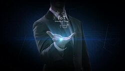 Businessman opens palm, IoT, Hand drawing Internet of things icon. 4k movie. Stock Footage