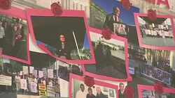 Tributes to victims of the contaminated blood scandal at Church House in Westminster, where the inquiry is taking place Stock Footage