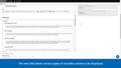 Thumbnail for New CMS Training | Introduction to the New CMS | The Editor | Advanced features | Reusable content