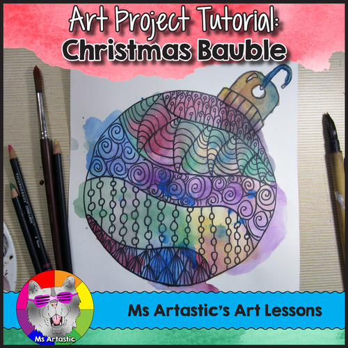 Preview of Christmas Art Lesson, Christmas Ornament Zen Doodle Line Art Project