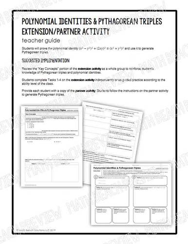 Polynomial Identities And Pythagorean Triples Activity By Math Beach Solutions