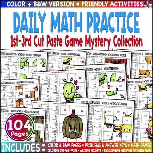 Daily Math Practice 1st-3rd Cut & Paste Game Color Mystery Collection ...