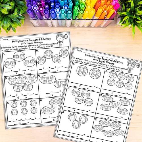 Multiplication as Repeated Addition Equal Groups Worksheets