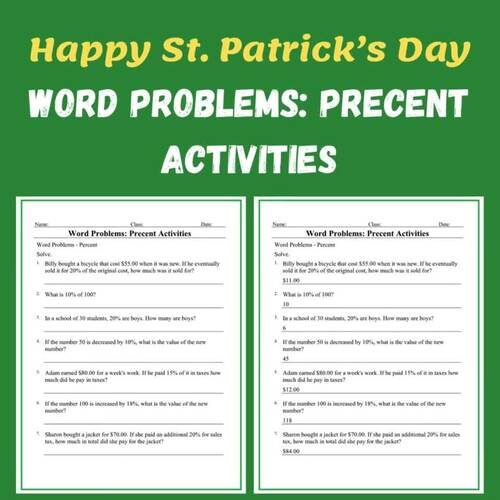 Word Problems: Precent Activities St Patrick's Day Math Worksheet No Prep