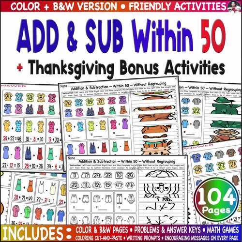 Add & Sub Within 50 Using Pictures No Regrouping Printable Classroom Math