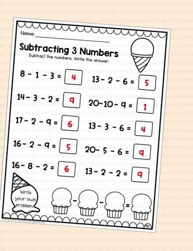 Subtracting 3 Numbers within 20 Ice Cream Summer Math Worksheets 1st ...