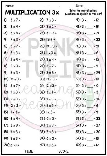 multiplication times table worksheets numeracy warm up tpt