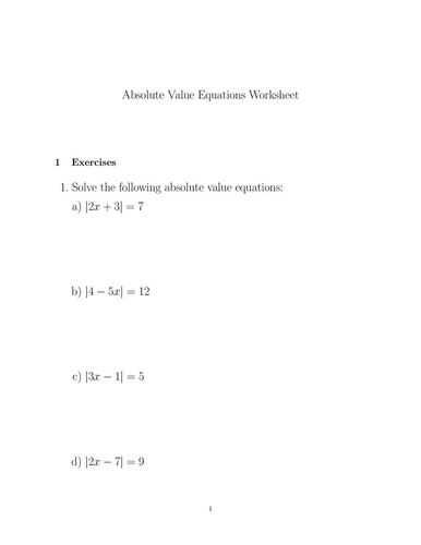 Absolute Value Equations Worksheet - Practice Solving Absolute Value ...