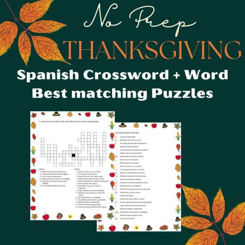 Spanish Thanksgiving Crossword   word match Puzzles Día de Acción de