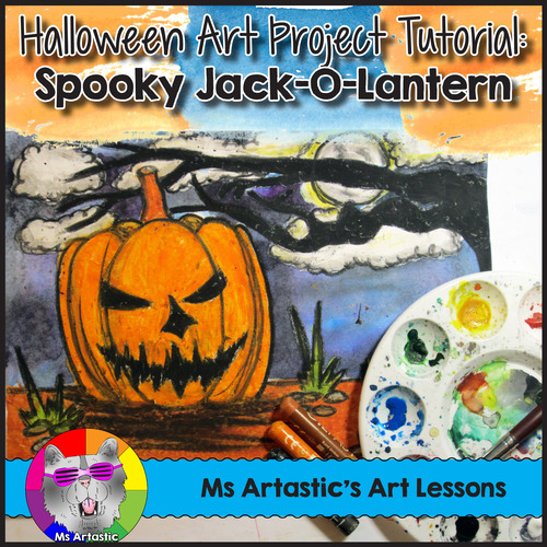 Preview of Halloween Art Lesson, Spooky Jack-O-Lantern Art Project for Elementary