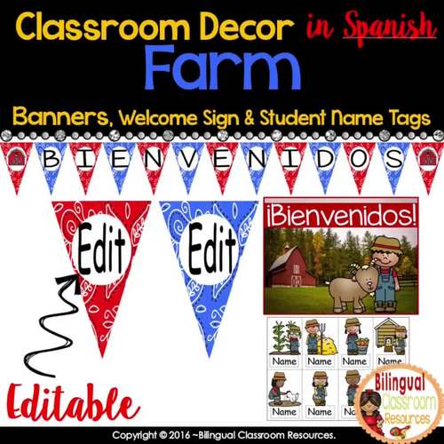 Banners, Sign, Name tags in Spanish Banderines Editable Farm