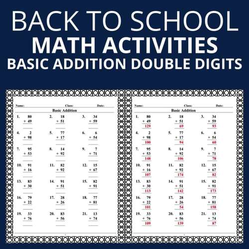Back to School Math Activities: Double-Digit Addition Worksheets with ...