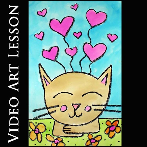 KITTY CAT & HEARTS Easy Activity Art Lesson Directed Drawing & Painting Project