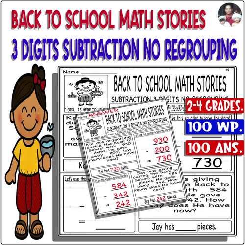 Back to School 3-Digit Subtraction Word Problems No Regrouping Level ...