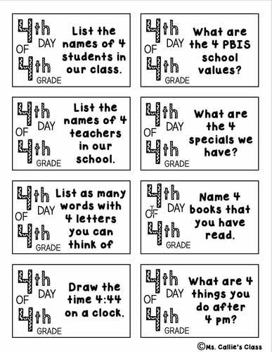 Fourth (4th) Day of Fourth Grade Question/Card Activity- Back to School