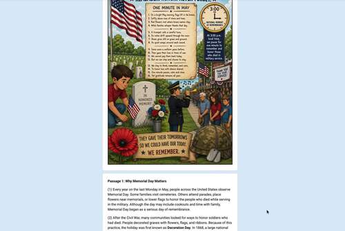 Memorial Day Paired Passage Informational + Poem | ECR | Google Forms | 3-5