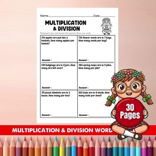 Spring Math Word Problems Grade 4 | Multiplication & Division Worksheets | Multi