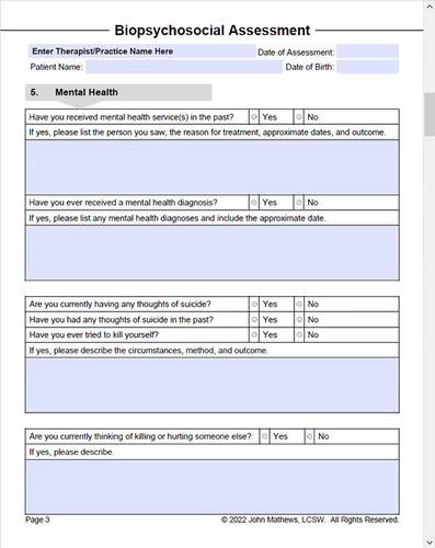 Biopsychosocial Assessment Template PDF Fillable Editable Therapy