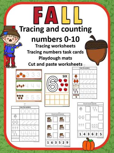Fall numbers counting tracing/ playdough mats /cut and paste (Numbers