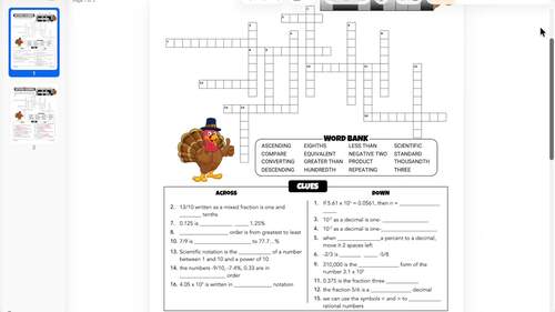 Thanksgiving Math Activity Rational Numbers Worksheet Crossword Puzzle
