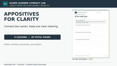 Appositives for Reading & Writing | Literacy Intervention Grades 5-8