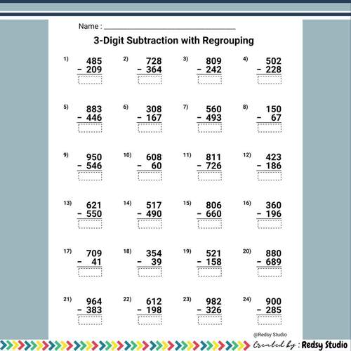 3 Digit Subtraction with Regrouping by Redsy Studio TPT
