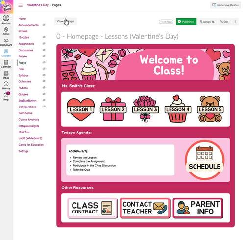 Canvas LMS Template HOMEPAGE BUTTONS BANNERS Valentine #39 s Day 100%