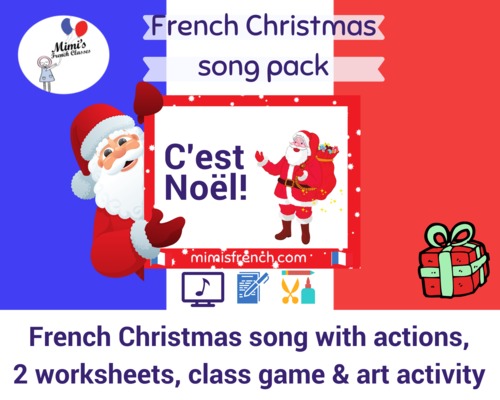 Preview of C'est Noël - song in French on video, craft, class game and worksheets