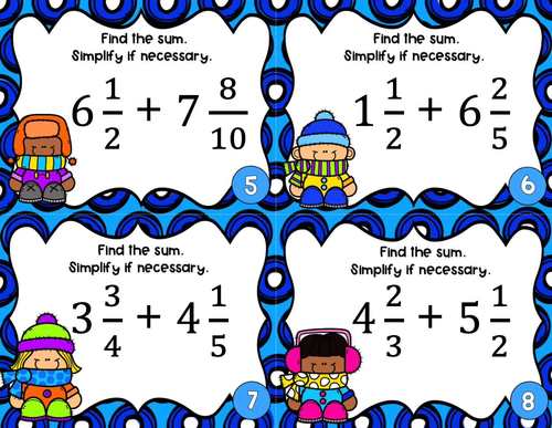 Adding Mixed Numbers with Unlike Denominators Task Cards | Winter Theme