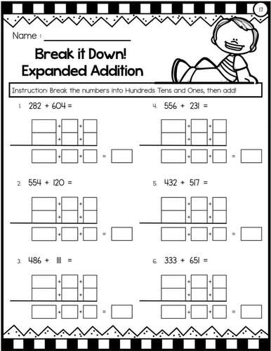 Break Apart Expanded Form 3 Digit Addition No Regrouping Worksheets & Key
