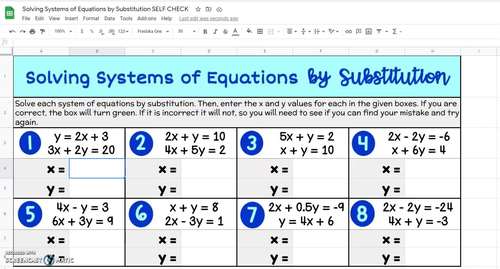 Solving Systems of Equations by Substitution Self Checking DIGITAL Activity