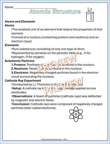 Atomic Structure Chemistry Printable Study Guide and Review | TPT