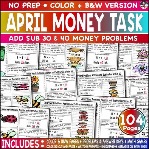 Spring Money Problem 30, 40 Mental Math Workbook Mystery Cut Paste ...