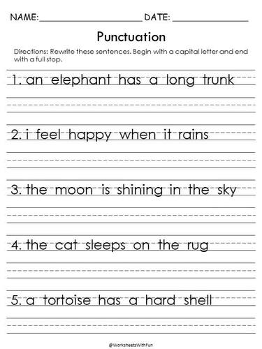 Punctuation & Capitalization Worksheets, Fix the Simple Sentences