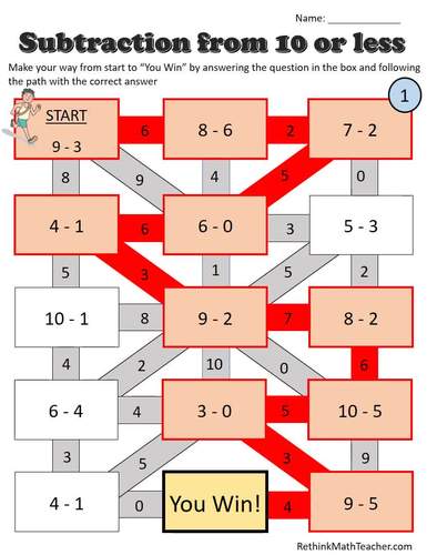 Subtract from 10 or less - Maze Worksheets by Rethink Math Teacher