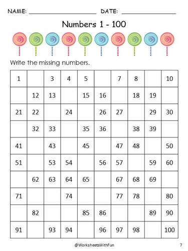 fill in the missing numbers counting to 100 kindergarten morning work t 185