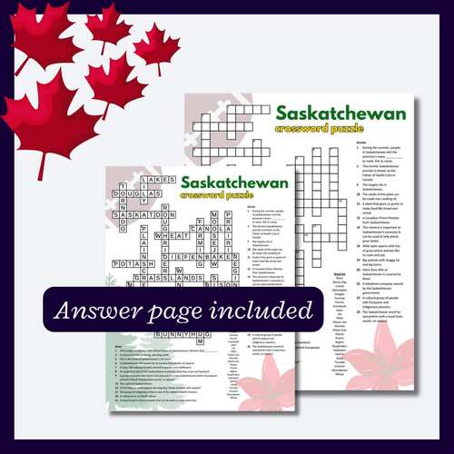 Saskatchewan crossword for spelling research activity or parties Grade 4 