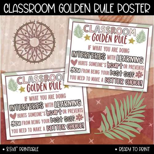 Boho Classroom Golden Rule Poster, Class Rules Sign, Preschool Behavior ...