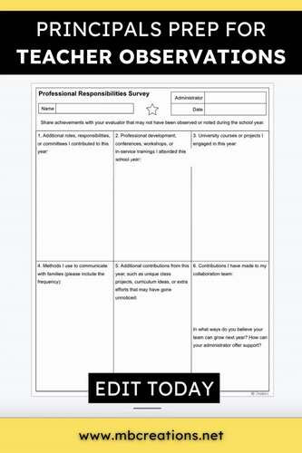Principal Walkthrough Forms Editable Notes & Teacher Observation Sheet ...