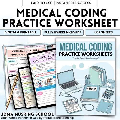 Medical Coding Practice Worksheets Bundle, ICD-10-CM, CPT & HCPCS Complete Study