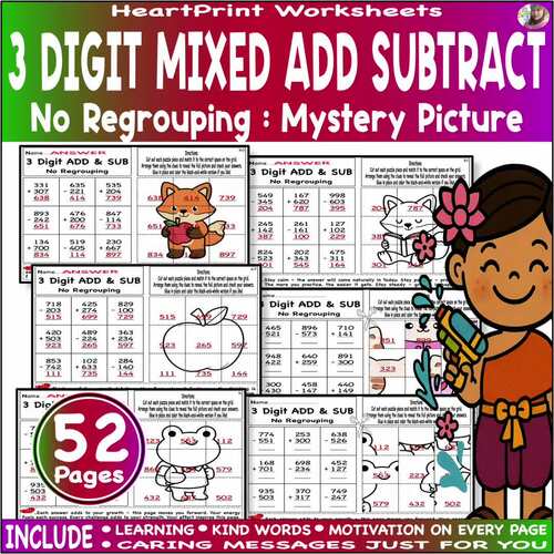 3 digit addition & subtraction No regrouping : Back to School Mystery ...