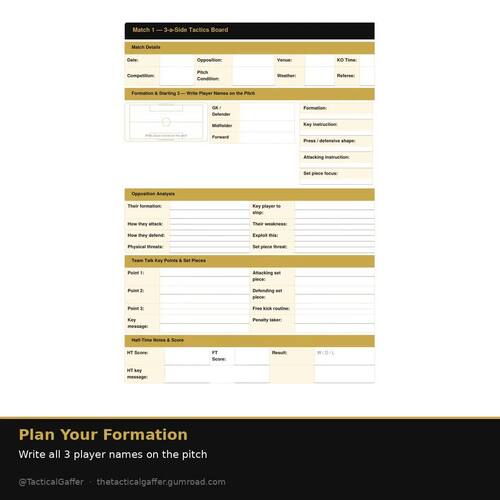 Match Day Tactics Board — 3-a-Side Football — Printable Coaching Planner