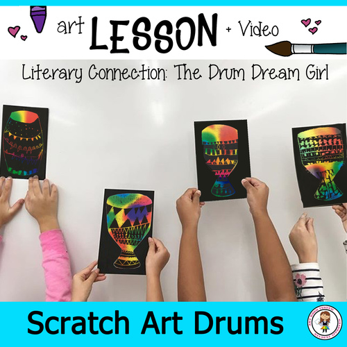 Preview of Elementary Art Lesson + Video. Scratch Art Drums. Connect art, music + poetry