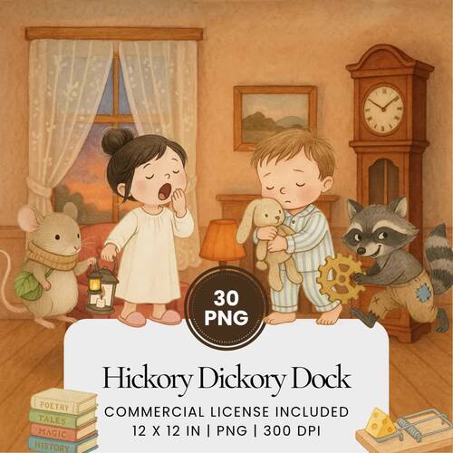 Hickory Dickory Dock Nursery Rhyme Watercolor Clipart by Ikota Design