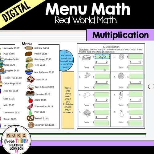menu math addition subtraction multiplication money