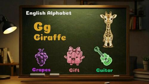 Preview of Animated chalkboard video showing the letter G with colorful chalk drawings of a
