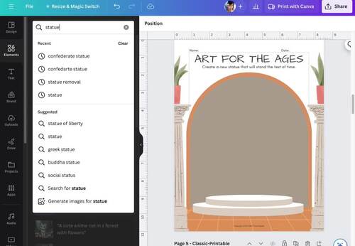 Statue Design Templates, Worksheets and Historical Art Removal Text ...